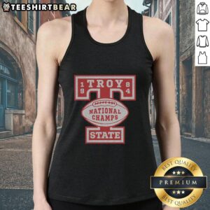 Alt Text: Retro Nice Troy State Football 1984 National Champions tank top featuring team colors and logo design.