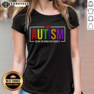 Good Autism Seeing The World Differently Ladies Tee featuring a colorful design celebrating neurodiversity and individuality.