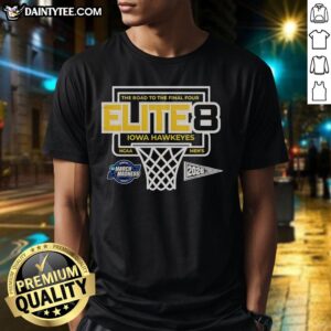 Alt Text: Nice Iowa Hawkeyes Elite 8 NCAA Men's 2026 Final Four T-Shirt featuring team colors and logo design.