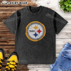 Alt Text: Stylish Nice Pittsburgh Steelers Rivet Logo Washed T-Shirt featuring the iconic Steelers logo on a comfortable fabric.