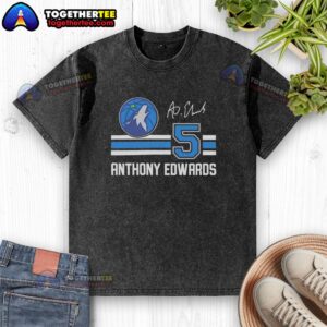 Alt Text: Awesome Anthony Edwards Minnesota Timberwolves signature name and number washed t-shirt in vibrant colors.