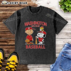 Good Charlie Brown, Snoopy, and Woodstock in Washington Nationals jersey, Est. 1969 on a washed T-shirt.