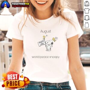 Pretty August World Peace Snoopy Woodstock ladies tee featuring vibrant graphics and a stylish design for peace lovers.