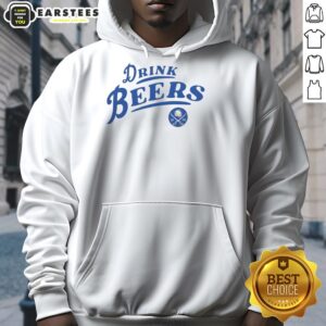 Alt Text: Buffalo Sabres 2026 hoodie featuring a curved design, perfect for fans enjoying drinks at a hockey game.
