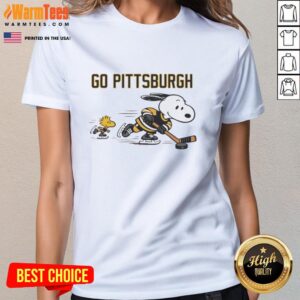Pretty Snoopy and Woodstock cheer for the Pittsburgh Penguins in a stylish ladies tee, perfect for game day.