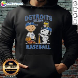 Alt Text: Charlie Brown, Snoopy, and Woodstock in Detroit Tigers baseball jersey hoodie, celebrating the team's est. 1894.