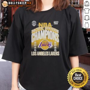 Nice Los Angeles Lakers 2026 NBA Pacific Division Champions ladies tee featuring team colors and logo design.
