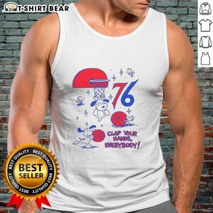 Premium Philadelphia 76ers X Snoopy and Woodstock tank top featuring playful graphics and a vibrant design for fans.