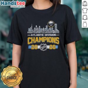 Buffalo Sabres 2026 NHL Atlantic Division Champions ladies tee featuring players and city skyline design.