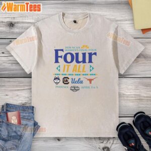 2026 NCAA Women's Final Four logo t-shirt featuring UCLA, Connecticut, South Carolina, and Texas in a stylish washed design.