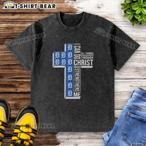 Alt Text: Top Detroit Tigers Cross I Can Do All Things Through Christ Who Strengthens Me washed t-shirt design for fans.