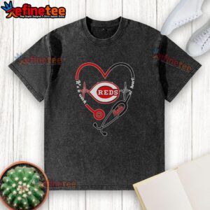Alt Text: Cincinnati Reds heart and soul t-shirt featuring a stethoscope and heartbeat design, perfect for fans.