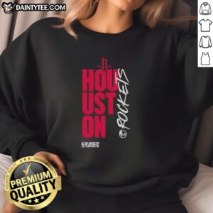 Alt Text: Official Houston Rockets playoff logo sweatshirt featuring vibrant team colors and iconic design for fans.