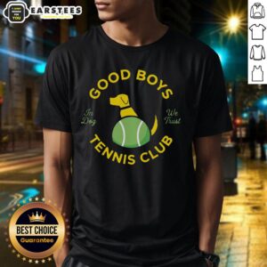 Alt Text: Nice Good Boys Tennis Club 'In Dog We Trust' T-Shirt featuring playful dog graphics for tennis-loving pet owners.