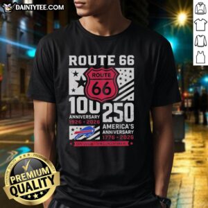 Buffalo Bills Route 66 Centennial T-Shirt celebrating 100th Anniversary 1926-2026 and 250th America Anniversary.