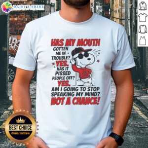 Alt Text: Cute Snoopy in a red hoodie with 'Joe Cool' graphic, showcasing a fun T-shirt about speaking out and its consequences.