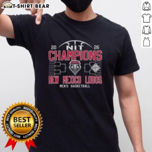 Front view of the Top New Mexico Lobos Men's Basketball NIT Champions 2026 T-shirt featuring team logo and championship graphics.