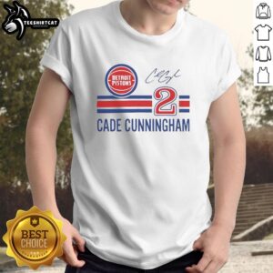 Alt Text: Nice Cade Cunningham Detroit Pistons signature name and number t-shirt displayed on a hanger against a white background.