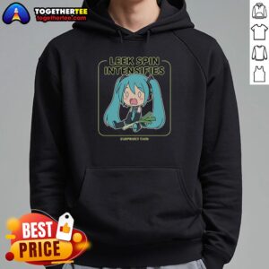 Surprised Chibi Miku wearing a hoodie, intensifying the fun with a top leek spin. Perfect for Miku fans!