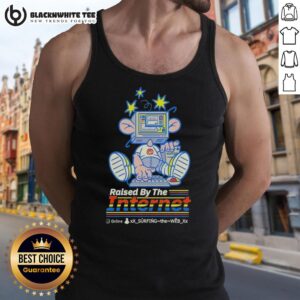 Top-Raised-By-The-Internet cartoon character in a tank top using an old computer, showcasing nostalgic tech vibes.