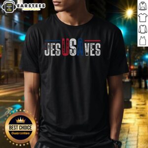 Alt Text: Awesome Jesus Saves USA Faith 4th of July T-Shirt featuring patriotic design and inspirational message.