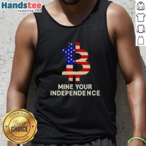 Original Mine Your Independence Bitcoin tank top with American flag design, perfect for crypto enthusiasts and summer wear.