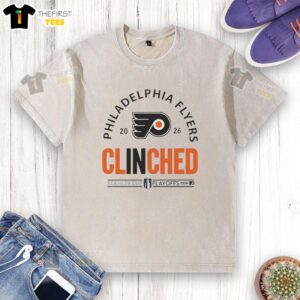 Official Philadelphia Flyers NHL Stanley Cup Playoffs 2026 Curved Washed T-Shirt featuring team logo and vibrant colors.