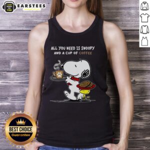 Alt Text: Cute tank top featuring Snoopy with coffee, perfect for casual wear and dog lovers.