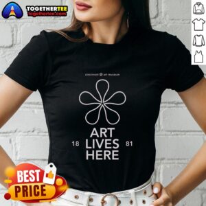 Alt Text: Official Cincinnati Art Museum 'Art Lives Here' ladies tee featuring vibrant design and museum branding.