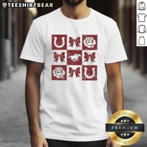 Top Greatest Race Horse Racing Horseshoe Bow Rose Icons T-Shirt design featuring vibrant horse racing graphics.