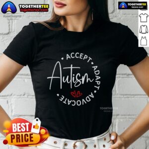 Official Autism Awareness Accept Adopt Advocate Ladies Tee featuring a vibrant design promoting inclusivity and support.