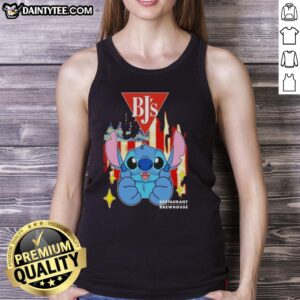 Alt Text: Cute Stitch-like BJs Restaurants USA flag tank top featuring vibrant colors and a stylish design perfect for summer.