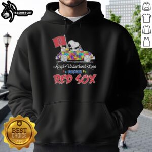 Snoopy and Woodstock driving a car in Boston Red Sox hoodie, promoting autism acceptance, understanding, and love.
