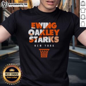 Top New York Knicks Ewing Oakley Starks throwback basketball t-shirt featuring classic team colors and iconic player graphics.
