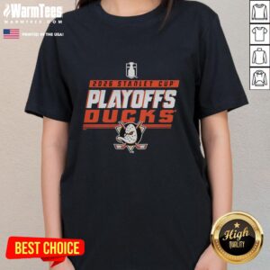 Stylish Anaheim Ducks NHL 2026 Stanley Cup Playoffs ladies tee featuring team colors and logo, perfect for fans.