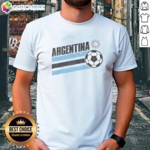 Top Argentina Sun World Cup Football Stripe T-Shirt featuring vibrant colors and sporty design for football fans.