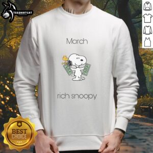 Alt Text: Cute March Rich Snoopy Woodstock sweatshirt featuring vibrant colors and playful cartoon design, perfect for casual wear.