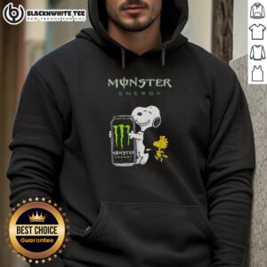 Alt Text: Cute Snoopy and Woodstock graphic on a black Monster Energy hoodie, perfect for fans of both brands.