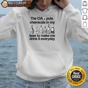 Vintage hoodie featuring the phrase about CIA chemicals in beer, perfect for quirky fashion and conspiracy enthusiasts.