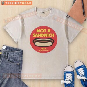 Alt Text: Awesome Not A Sandwich Judge John Hodgman logo on a washed t-shirt, perfect for fans of the popular podcast.
