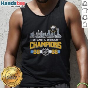 Buffalo Sabres 2026 NHL Atlantic Division Champions tank top featuring city skyline and player names.