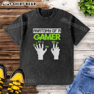 Alt Text: Official Anatomy of a Gamer washed t-shirt featuring a unique graphic design showcasing gamer traits and culture.