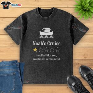 Premium Noah's Cruise t-shirt with one-star rating, featuring a zoo smell, displayed on a hanger against a neutral background.