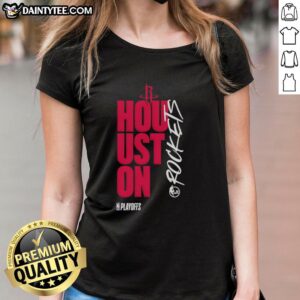 Official Houston Rockets playoff logo on a ladies tee, showcasing team pride and style for fans.