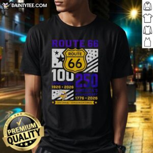 Official Minnesota Vikings Route 66 Centennial 100th Anniversary T-Shirt celebrating 250th America Anniversary 1926-2026.