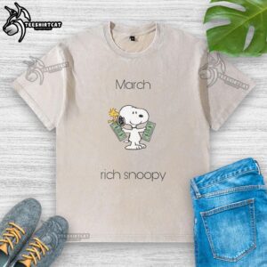 Cute March Rich Snoopy Woodstock washed t-shirt featuring vibrant graphics of Snoopy and Woodstock for casual style.