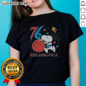 Original Sixers Snoopy 76 Philadelphia Ladies Tee featuring a fun design, perfect for basketball fans and casual wear.