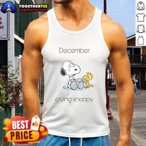 Alt Text: Cute December tank top featuring a crying Snoopy and Woodstock, perfect for fans of Peanuts and festive apparel.