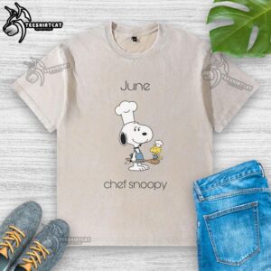 Cute June Chef Snoopy washed t-shirt featuring the beloved cartoon character in a playful chef outfit.