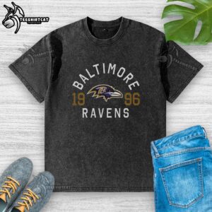 Premium Baltimore Ravens Heritage Print Washed T-Shirt featuring team logo and vintage design in classic fit.